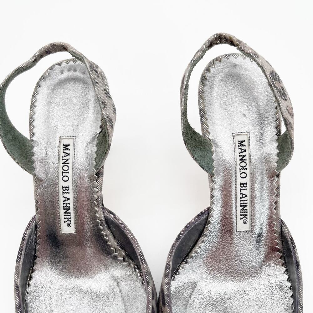 Manolo Blahnik Vintage Carolyne Silver Leopard Crystal Slingback Heels IT 36.5 - Picture 10 of 12
